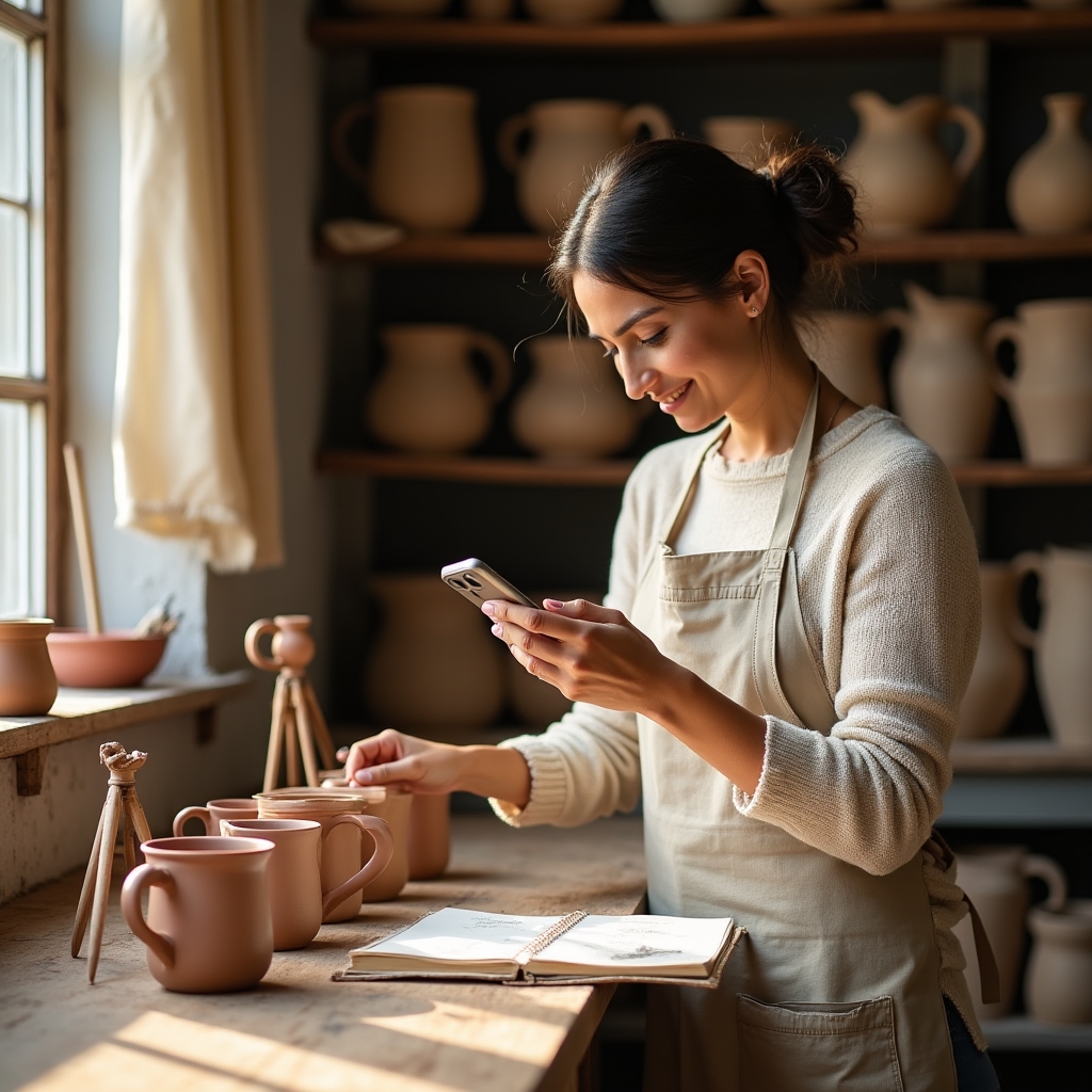 Ceramics shop owner photographing handmade pottery for product listings