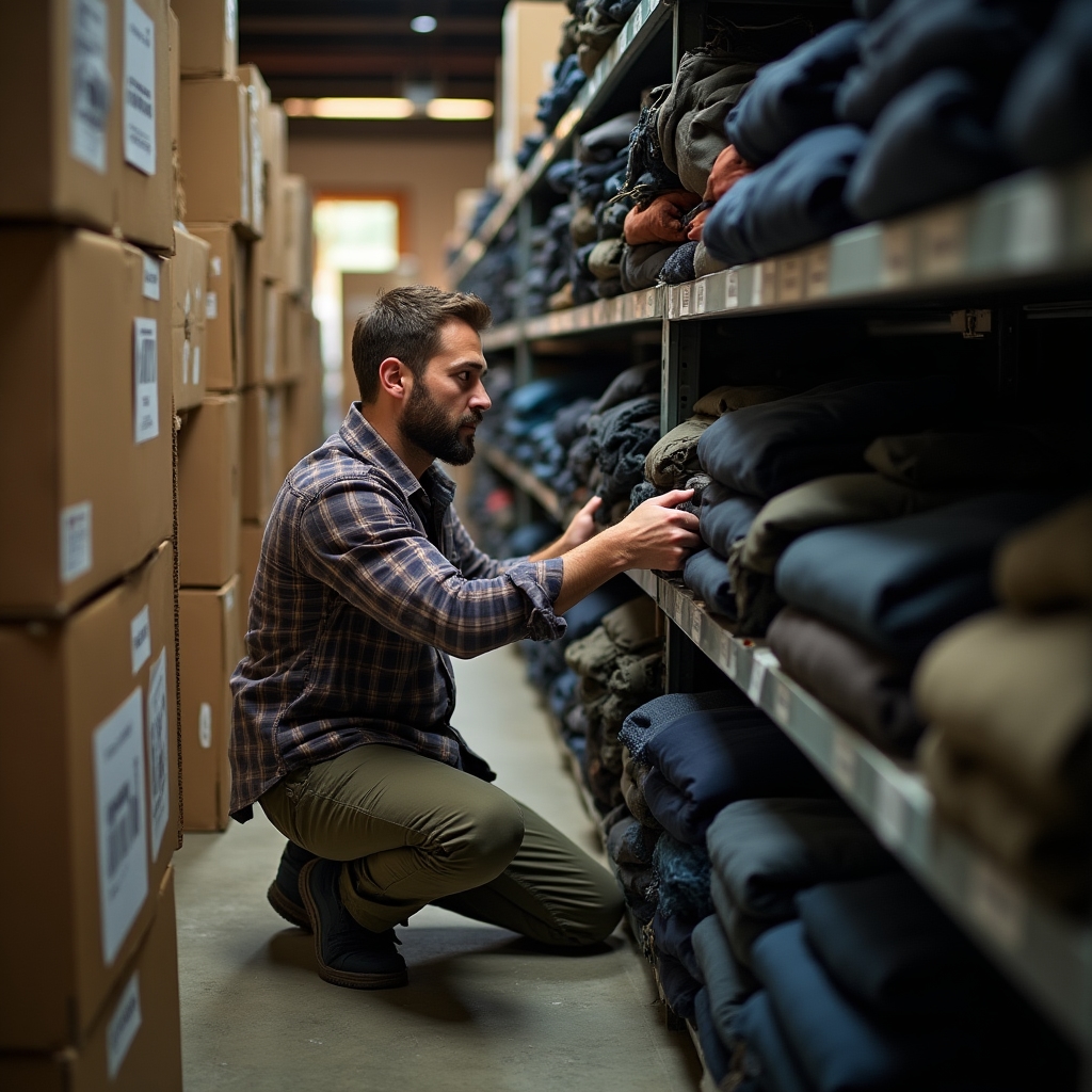 Outdoor gear reseller organizing product catalog in a small warehouse