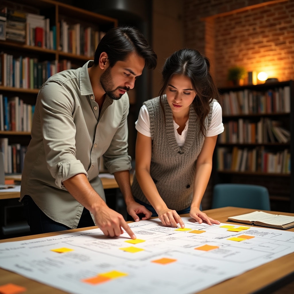 Two colleagues discussing category structure diagrams during a training workshop session