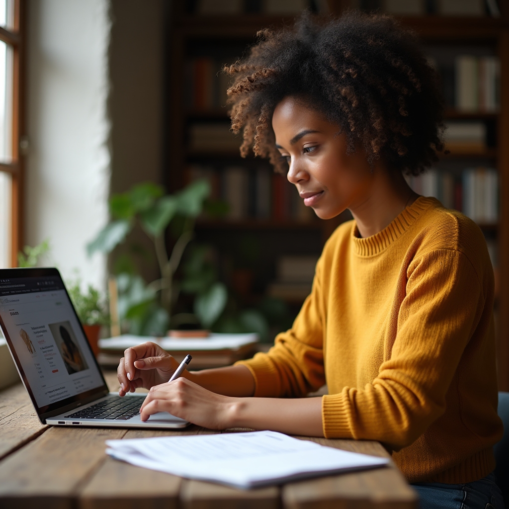 E-commerce store owner reviewing product page layouts on a laptop at a wooden desk