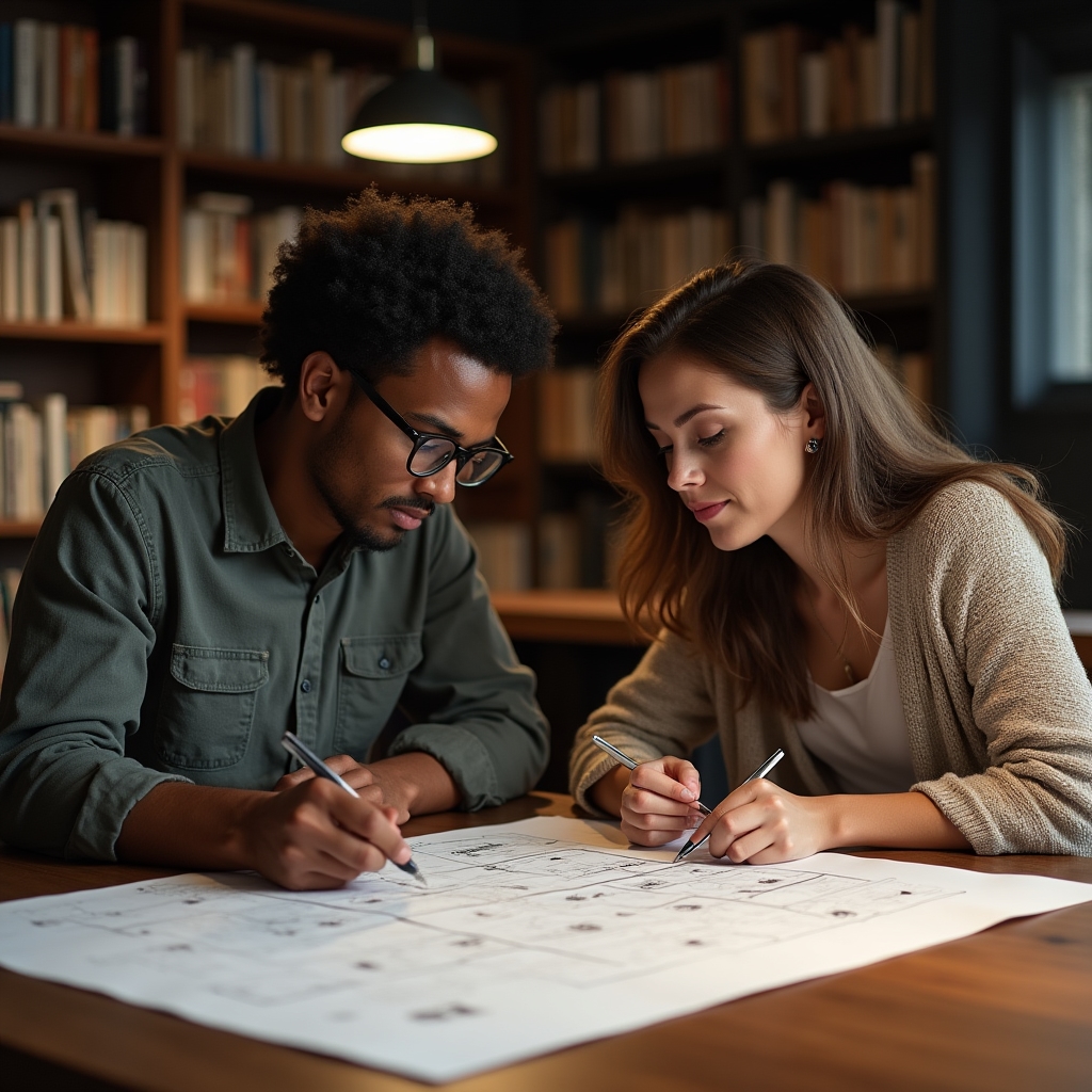 Two people reviewing a printed website sitemap diagram spread across a table